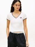 White Tommy Badge Low V-Neck Slim T-Shirt  Women