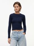 Blue Ribbed Ruffle Slim Long Sleeve T-Shirt  Women