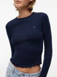 Blue Ribbed Ruffle Slim Long Sleeve T-Shirt  Women
