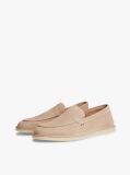 Beige Debossed Logo Topstitch Suede Loafers  Men