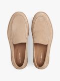 Beige Debossed Logo Topstitch Suede Loafers  Men