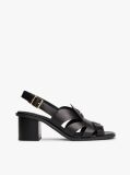 Black Leather Crest Block Heel Sandals  Women