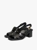 Black Leather Crest Block Heel Sandals  Women