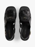 Black Leather Crest Block Heel Sandals  Women