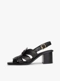Black Leather Crest Block Heel Sandals  Women