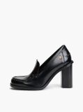 Black Block Heel Leather Loafers  Women