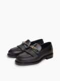Black Leather Chain Horsebit Fringe Loafers  Women