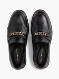 Black Leather Chain Horsebit Fringe Loafers  Women