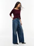 Red Slim Boat Neck Three-Quarter Sleeve T-Shirt  Women