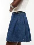 Blue Mid Rise Pleated Denim Midi Skirt  Women