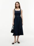 Blue Topstitch Square Neck Belted Midi Dress  Women