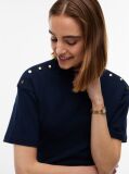 Blue Gold-Tone Button Mock Neck T-Shirt  Women