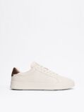 Beige Leather Textured Court Trainers  Men
