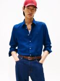 Blue Slim Fit Flag Embroidery Sateen Shirt  Men