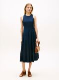 Blue Gold-Tone Button Linen Blend Midi Dress  Women