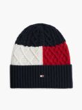 Blue Wool Blend Cable Knit Flag Beanie  Men