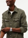 Green Regular Fit Washed Denim Western Shirt  Men