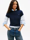 Blue Crew Neck Flag Embroidered T-Shirt  Women