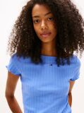 Blue Ruffle Ribbed Slim Boat Neck Top  Women