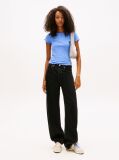 Blue Ruffle Ribbed Slim Boat Neck Top  Women