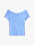 Blue Ruffle Ribbed Slim Boat Neck Top  Women