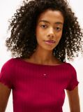 Pink Ruffle Ribbed Slim Boat Neck Top  Women