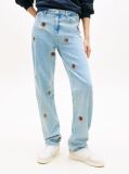 Denim Embroidery Mid Rise Slim Straight Leg Jeans  Women