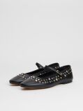 Black Stud Embellished Leather Buckle Ballerinas  Women