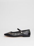 Black Stud Embellished Leather Buckle Ballerinas  Women