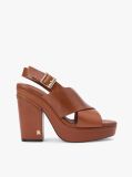 Brown Leather Crossover Strap Block Heel Sandals  Women
