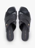 Black Leather Crossover Strap Heeled Mules  Women