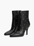 Black Leather Studded Stiletto Heel Ankle Boots  Women