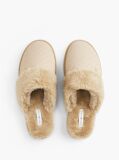Beige Leather Faux Fur Serrated Slippers  Women
