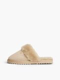 Beige Leather Faux Fur Serrated Slippers  Women