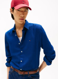 Blue Slim Fit Flag Embroidery Sateen Shirt  Men