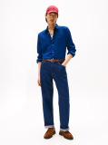 Blue Slim Fit Flag Embroidery Sateen Shirt  Men