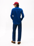 Blue Slim Fit Flag Embroidery Sateen Shirt  Men