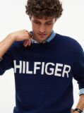 Blue Intarsia Logo Waffle Knit Relaxed Jumper  Men