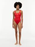 Red Crinkle Logo Embroidery Scoop Back Swimsuit  Women