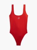 Red Crinkle Logo Embroidery Scoop Back Swimsuit  Women