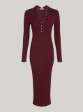 Red Button V-Neck Slim Sweater Dress  Women