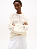Beige Pointelle Tex Flag Relaxed Long Sleeve Sweater  Women