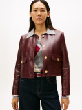 Red Water Repellent Collarless Leather Jacket  Women
