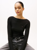 Black Ribbed Slim Boat Neck T-Shirt  Women