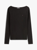 Black Ribbed Slim Boat Neck T-Shirt  Women