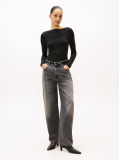 Black Ribbed Slim Boat Neck T-Shirt  Women