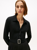 Black Interlock Mix Media Long Sleeve Polo Dress  Women