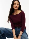 Red Slim Boat Neck Three-Quarter Sleeve T-Shirt  Women
