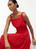 Red Seersucker Smock Tie Strap Midi Dress  Women