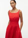Red Seersucker Smock Tie Strap Midi Dress  Women
